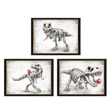 Imagem de Kalormore Arte de parede emoldurada de esqueleto de dinossauro vintage, 3 peças, retrô, divertida, T-RX, osso, animal, berçário, moderno, rústico, T-rex para quarto de crianças, banheiro, sala de aula