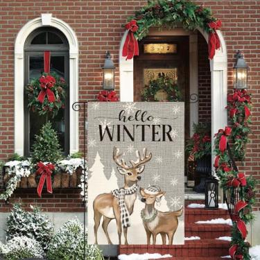 Imagem de Hello Winter Rena Floco de neve bandeira de jardim 30,5 x 45,7 cm dupla face, bandeira decorativa de inverno rústico sazonal ao ar livre, mastro de bandeira NÃO incluído