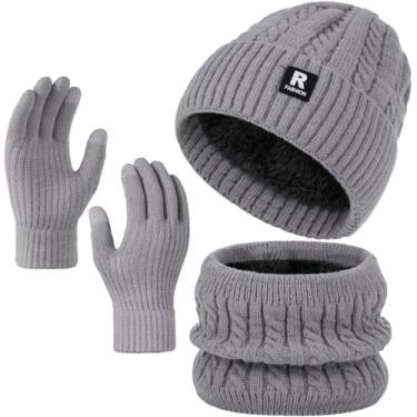 Imagem de Conjunto de luvas de gorro de inverno para homens e mulheres, roupas quentes de inverno para homens, chapéus masculinos forrados com lã despojada, gorro de caveira, cachecol de malha, aquecedor de