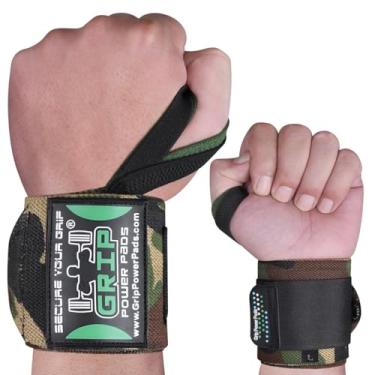 Imagem de 2 envoltórios de pulso Grip Power Pads para levantamento de peso, suporte de pulso, envoltórios de algodão, tiras de bandagem para academia para homens e mulheres, qualidade premium e borracha profissional (camuflagem, 45,7 cm)