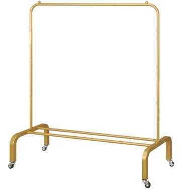 Imagem de JIUYOTREE Rack de roupas de metal com rodas 110 cm rolando roupas cabideiro com prateleira inferior Rack de roupas para pendurar roupas casacos saias camisas suéteres ouro