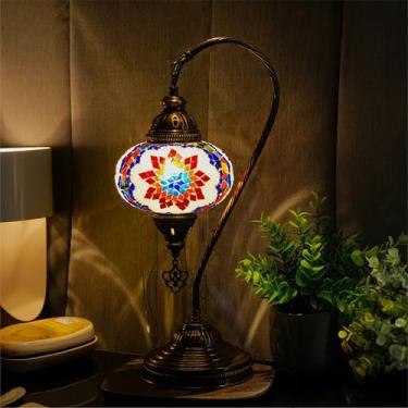 Imagem de mozaist Lâmpada turca, abajur de mesa de mosaico de pescoço de cisne, abajur vintage boêmio antigo marroquino de vidro decorativo, abajur vintage boêmio de mesa Tiffany com plugue americano e soquete