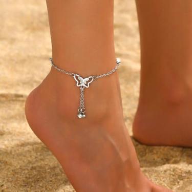 Imagem de Tornozeleiras de borboleta vazadas boêmias para mulheres, moda, inseto, zircão, pulseira, tornozelo, verão, praia, corrente de pé, joias, One Size, Liga de aço, Sem Pedra Preciosa