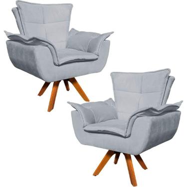Imagem de Kit 2 Poltronas Base Giratória Em Madeira Suede Cinza