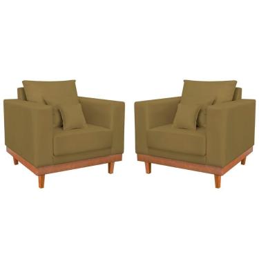 Imagem de Kit 2 Poltronas Suede Resistentes Base Madeira + Almofadas Capuccino