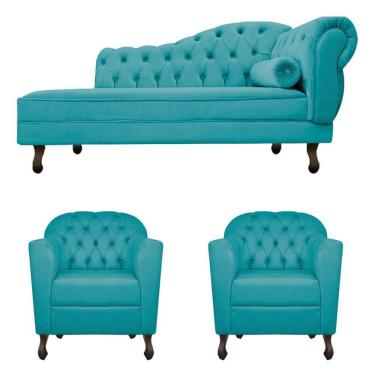 Imagem de Kit Diva Recamier Diana 160cm Lado Esquerdo e 02 Poltronas Julia Suede Azul Turquesa