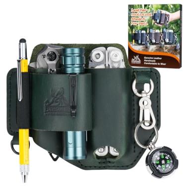 Imagem de FLYHOMES Bainha multiferramentas de couro genuíno | Organizador de cinto EDC costurado feito à mão para Leatherman Surge | Lanterna, Coldre de faca, caneta e bolsa de ferramentas | Verde escuro