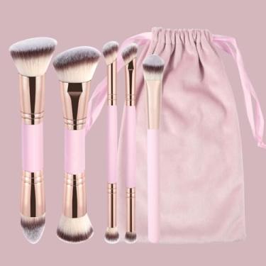 Imagem de 6 pincéis de maquiagem, cerdas macias, fáceis de limpar, adequados para contorno, sombra, base líquida e blush (rosa)