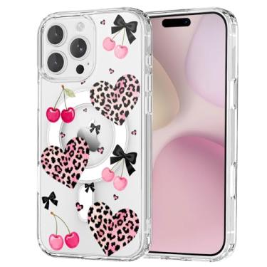 Imagem de OFQKOAKS Capa para iPhone 16 Pro Max, compatível com MagSafe, linda capa de telefone feminina com coração de leopardo e cereja, capa protetora magnética transparente para mulheres e meninas