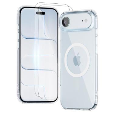 Imagem de Yunjews Capa para iPhone Air, compatível com MagSafe, transparente com antiamarelamento, com 2 peças de vidro temperado, capa protetora à prova de choque de grau militar, design fino e resistente