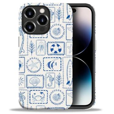 Imagem de Flivro Capa para iPhone 14 Pro Max, capa rígida de policarbonato e amortecedor interno de silicone, antiarranhões, design fino à prova de choque - carimbos conchas azuis verão