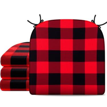 Imagem de Youyole Pacote com 4 almofadas de cadeira de jantar de Natal de 15,8 x 15,8 polegadas vermelho e preto xadrez de lã coral tapete de espuma de memória com laços e capas laváveis para decoração de sala