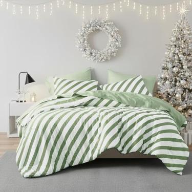 Imagem de Jogo de cama King listrado reversível em uma bolsa, 7 peças, design de listras de dois lados, conjunto de cama quente e aconchegante, inclui edredom king, conjunto de lençóis, fronhas e fronhas, verde
