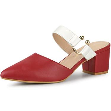 Imagem de Allegra K Sapato feminino bico fino salto grosso mules, Vermelho e branco., 34