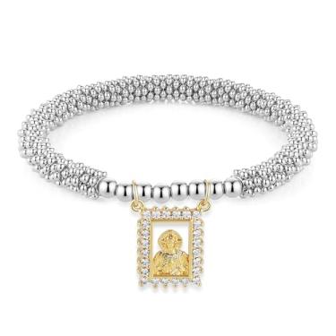 Imagem de HZMAN Pulseira feminina com contas de metal Virgem Maria/Jesus/São Bento, Adjustable Elasticity, Zircônia cúbica