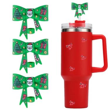 Imagem de HIUSITY Cobertura de palha de laço de Natal para copo Stanley, topo de palha de silicone para copo com alça 1,134 g, tampa fofa de 10 mm/0,4 pol, tampa de canudos reutilizáveis para acessórios Stanley