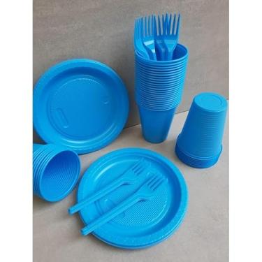 Imagem de Kit Descartável Econômico 150 Itens - Conjunto para Festas com Pratos, Copos e Garfos para Aniversário e Eventos(Azul Claro 150 itens)