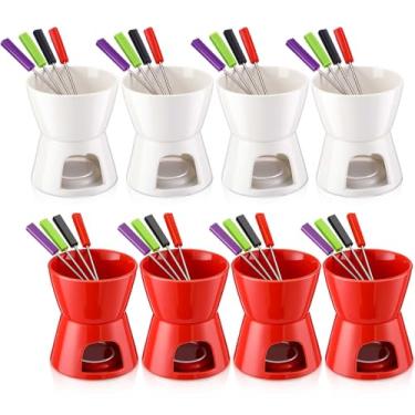 Imagem de Mudder Conjunto de 8 mini panelas de fondue com 32 garfos codificados por cores, canecas de chá de porcelana para chocolate, queijo, sobremesa, conjunto de panela pequena de fondue para presente de