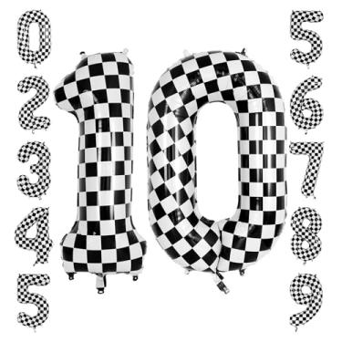Imagem de Balão quadriculado número 10 de 101 cm, balão grande preto e branco para festa de aniversário de dois carros de corrida rápida, decorações e suprimentos de aniversário de 10 anos para meninos e