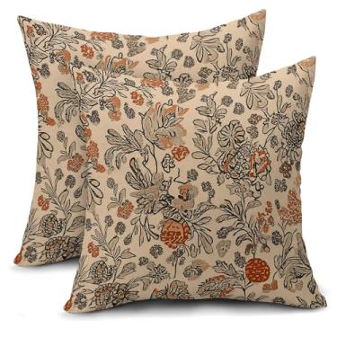Imagem de aportt Capas de almofada floral marrom vintage 45,7 x 45,7 cm arte retrô folhas de flores decorativas conjunto de 2 fronhas de decoração de casa de fazenda sazonal para sofá sofá ao ar livre