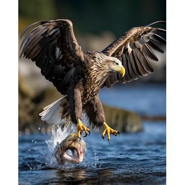 Imagem de XTXGERL Kit de pintura por números para adultos, águia de cauda branca, peixe, caça, pintura por número, kit de presente de pintura a óleo faça você mesmo para decoração de casa ou véspera de Natal