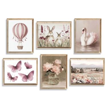 Imagem de 6 peças de impressões de arte de decoração de parede de berçário rosa, impressões vintage, arte de parede para berçário, fotos de quarto infantil, pinturas de flores de cisne rosa para quarto de