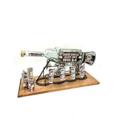 Imagem de Conjunto de exibição de garrafa de tequila com 6 copos de shot, suporte de parede de madeira rústica, suporte de vidro decorativo