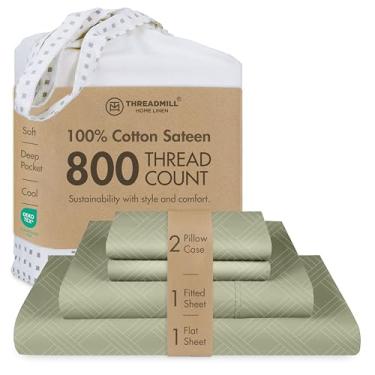 Imagem de Threadmill Lençóis King Size para colchão King | Jacquard Celine Verde sálvia 800 fios | Melhor do que algodão egípcio | Lençóis de cama de 4 peças | Lençóis de damasco para bolso profundo de 40 cm |