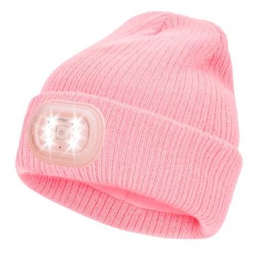 Imagem de IVYWNT Gorro unissex de LED com luz, lanterna de cabeça recarregável por USB, chapéu de malha de inverno, presente de Natal para homens e mulheres, rosa