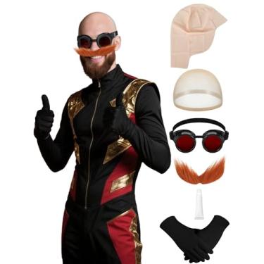 Imagem de Skicuff Pacote com 6 fantasias masculinas de antagonista de ovos, chapéu careca, luvas de bigode, cola para cabelo, Halloween, robô, vilão, cosplay, Vermelho, Adult Men (Average)