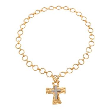 Imagem de immerFancy Colar de cruz grossa de ouro para mulheres e homens, grande, negrito, dois tons, gravado, pingente de cruz dupla, corrente de elos grossos, gargantilha, colar de declaração gótica, joia de