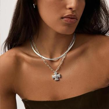 Imagem de Colar de cruz grossa para mulheres, clipe de papel, pingente de cruz, colares dourados com pingente de cruzes grossas, presentes de amizade para mulheres, presentes de Natal, joias, Medium, Latão, Sem