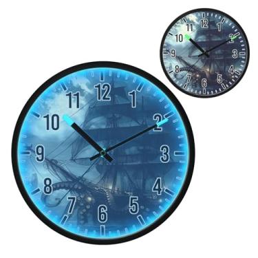 Imagem de Blueangle Relógio de parede LED que brilha no escuro e ativado por voz, silencioso design de navio pirata de 30,5 cm, operado por bateria para decoração de quarto e sala de estar (144)
