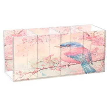 Imagem de SEHANY Lindo porta-canetas de acrílico com flores em aquarela, pássaro, 4 compartimentos, porta-lápis transparente, organizador de pincéis de maquiagem, organizador de papelaria para escritório, casa
