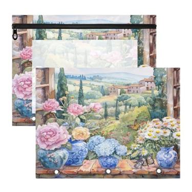 Imagem de SEHANY Pasta de lápis de flores de jardim com 3 anéis - bolsa de documentos com zíper tamanho A4 com janela transparente para sala de aula, escritório, 2 peças