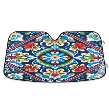 Imagem de ATTX Para-brisa de carro com azulejo de cerâmica mexicana 134.6 cm x 59.7 cm Protetor solar universal com proteção UV, persiana de janela frontal automática dobrável para caminhões Sedans SUVs #614