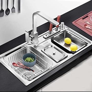 Imagem de HGTRH Lava-louça INOX com escorredor, lava-louças de cozinha aço inoxidável lavatório sobre bancada cozinha lava-louças embaladas cozinha ralo e conjunto de drenagem sobre bancada, baixo balcão ou