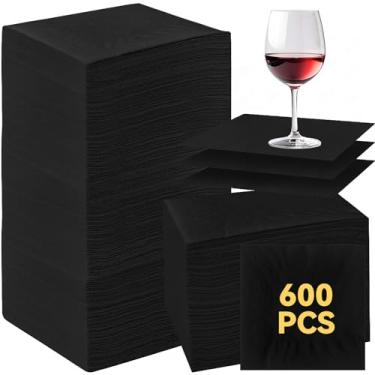 Imagem de Henoyso Pacote com 600 guardanapos de coquetel pretos a granel 24 x 24 cm, guardanapos de papel descartáveis de 3 camadas para jantar de casamento, bar, festa, aniversário, coquetel, feriado