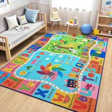 Imagem de Zedrew Tapete infantil para sala de jogos, tapete educativo ABC 3x5 para sala de aula, tapetes divertidos do alfabeto para aprender números, cores, clima animal e formas, tapete para decoração de