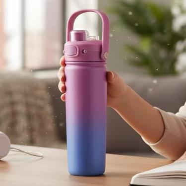 Imagem de Garrafa Térmica Inox 700ml Com Alça e Tampa com Trava Lilás Parede Dupla 24h Fria 12h Quente À Prova de Vazamentos para Trabalho Café Escola Suco Escritório Chá Presente