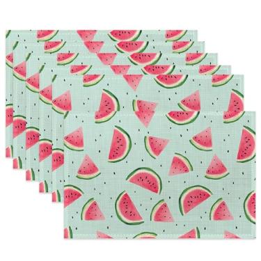 Imagem de Jogo americano de pano, conjunto de 6 jogos americanos de tecido de melancia, tapetes de mesa laváveis de frutas de verão, tapetes decorativos para jantar, casa, cozinha, festas de fim de ano, 29 x 44