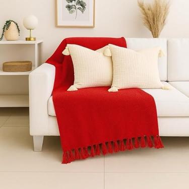 Imagem de Manta Capa para Sofá Gigante XGG 240x180 cm - 100% Algodão, Com Franjas, Proteção e Decoração Luxuosa para Sofá de Casal ou 3 Lugares (Vermelho)