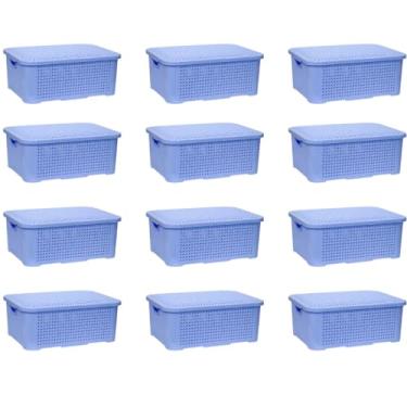 Imagem de Kit Com 12 Caixas Organizadoras Media Rattan Com Tampa 10 Litros (AZUL)