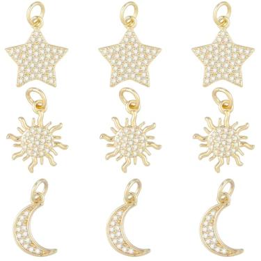 Imagem de Beebeecraft 1 caixa com 9 peças de pingentes celestiais de zircônia cúbica, banhado a ouro 18K, estrela, lua, sol, berloques para fabricação de joias, colar e pulseira
