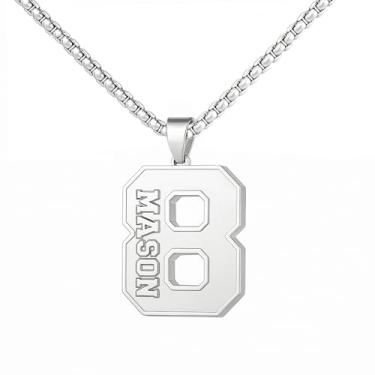 Imagem de Ldurian Colar com nome de número personalizado, pingente de corrente de número esportivo para homens, colares de nome de atletas personalizados 00-99 preto presente de aço inoxidável para homens