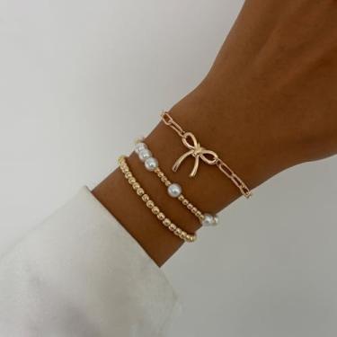 Imagem de Pulseira de ouro para mulheres, pulseira elástica com laço com contas, não mancha, grosso, clipe de papel, cruz, pérola, conjunto de joias de Natal, presentes para ela, Medium, Latão, Sem Pedra