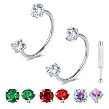Imagem de G23 Anéis de nariz de titânio ferradura ouro prata 20 g anel de nariz de sapato de cavalo argolas de aço cirúrgico meia cartilagem tragus brinco argola rosca interna dupla zircônia cúbica nariz septo