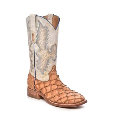 Imagem de Corral Boots Botas de cowboy masculinas Cognac Pirarucu feitas à mão | Botas ocidentais de bico quadrado com design bordado branco, conhaque/branco, 40