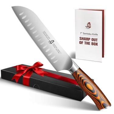 Imagem de (18cm , Fiery) - TUO Santoku Knife - 18cm Santoku Chef Knife Kitchen Knife - Vegetable Knife Cutlery - Hollow Ground German Steel Blade - Pakkawood Handle - Fiery Series