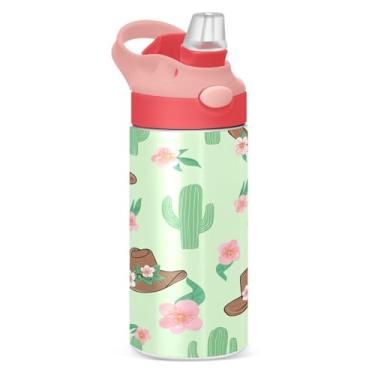 Imagem de CEBUGI Chapéus de cowboy florais garrafas de água infantis à prova de vazamento garrafa de água com canudo 340 g garrafa de água isolada a vácuo de aço inoxidável para meninos e meninas